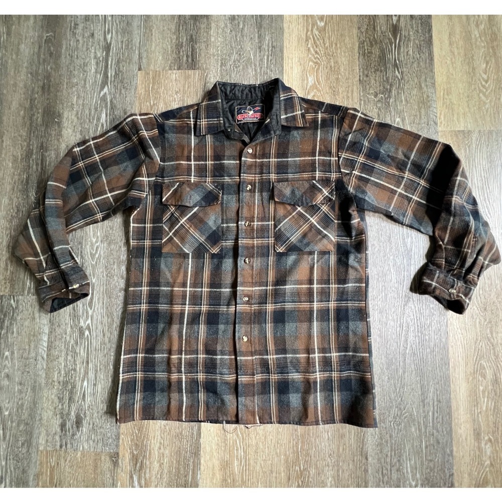 Backpacker Sportswear Flannel Shirt Mens Medium Brown Plaid Wool Blend Rugged